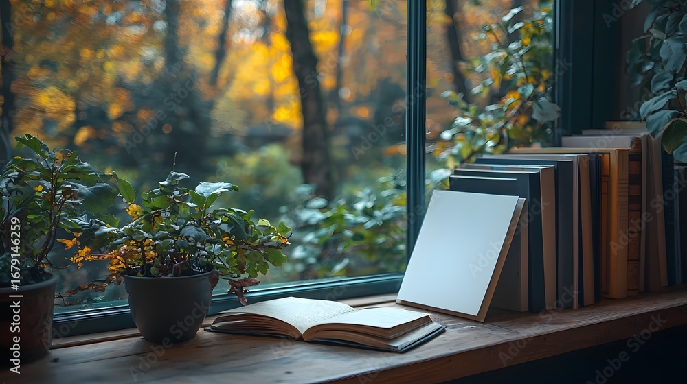 Poster an open book and a blank white card rest on a rustic wooden ill bathed in warm light with an autumna