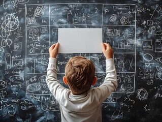 A young child holds a blank card against a blackboard covered in math equations symbolizing new ideas and the journey of learning