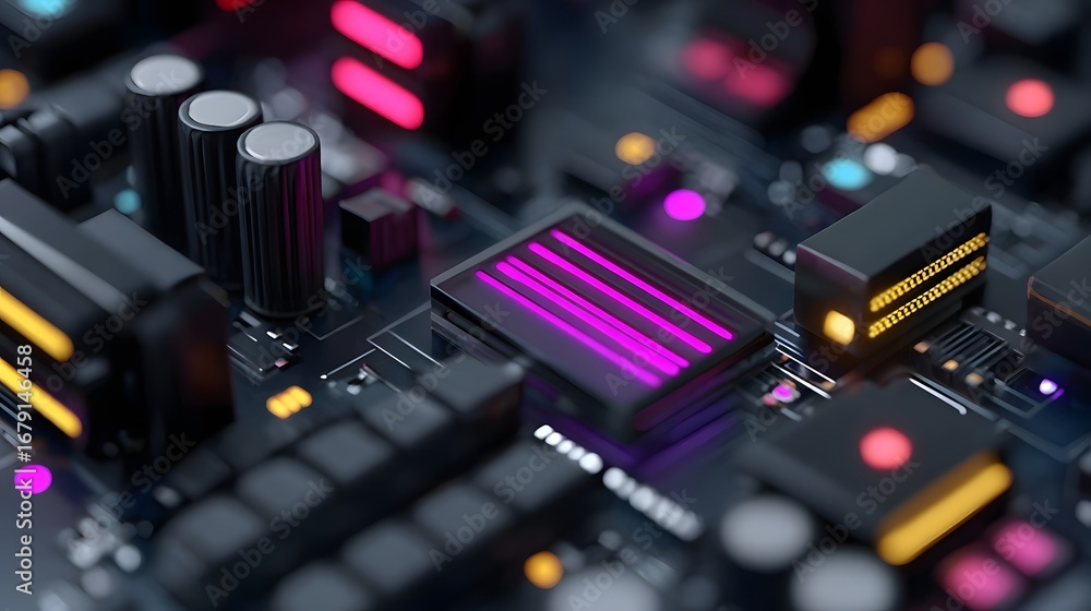 Poster close-up view of a complex electronic circuit board with glowing neon-colored patterns, microchips, 
