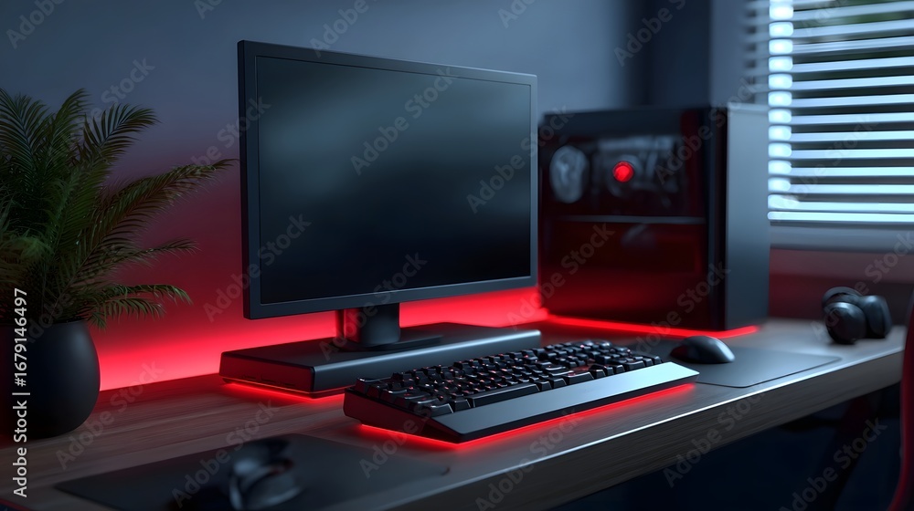 Poster a modern, minimalist computer workstation with a monitor, keyboard, and red led lighting creating a 