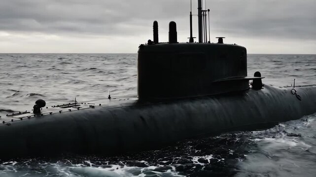 Classic diesel-electric submarine surfaces on moody, gray sea. Vintage warship cuts through waves under cloudy sky. Old-world naval power and maritime history.