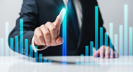 Businessman touching glowing digital financial chart with increasing bar graph and data analytics in futuristic business concept