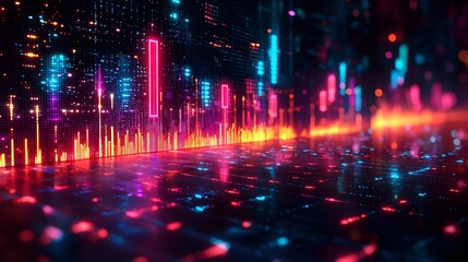 Dynamic digital bars in vibrant neon colors illustrate abstract data trends resembling a futuristic financial market graph