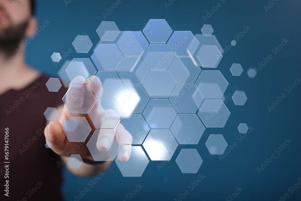Poster abstract image of a person interacting with a futuristic digital interface. perfect for tech, innova