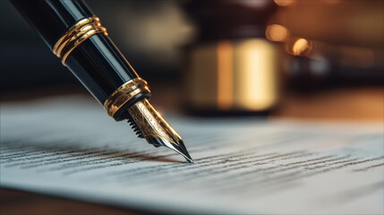 Vintage Fountain Pen Signing Agreement Amidst Rustic Paper Background Perfect for Business Campaigns, Marketing, and Branding, Evoking a Sense of Tradition and Authority.