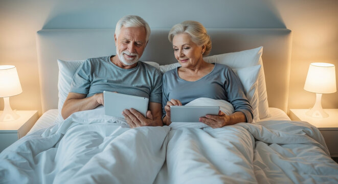 Senior couple relaxing and using digital tablets in bed at night.
