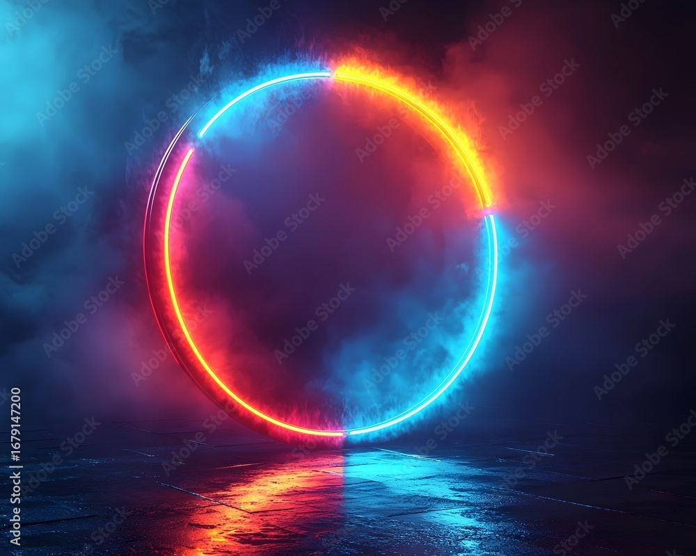 Poster glowing neon circle with vibrant segments reflecting on a smoky wet surface representing energy and 