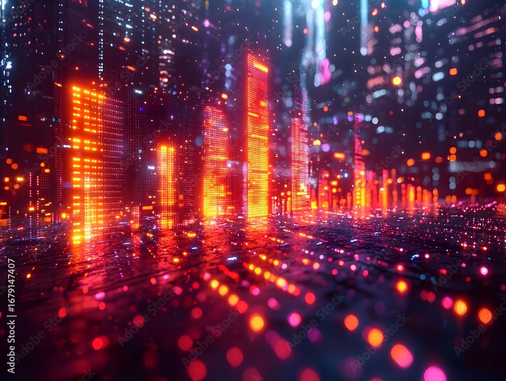 Poster a vibrant futuristic digital cityscape at night with towering glowing data visualizations and abstra