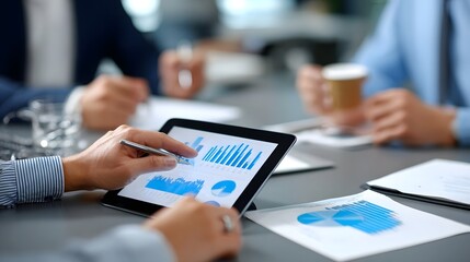 A group of professionals collaborating on data analysis and discussing business strategies on digital devices during a meeting in a corporate office setting.