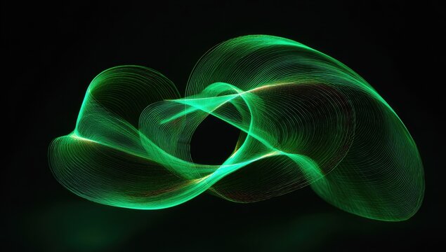 Abstract swirling green light trails on black background