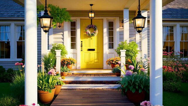 Front porch of charming suburban house with yellow door decorated with flowers and bright welcoming garden