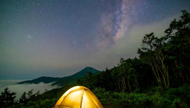 Illuminated tent under a starlit night sky