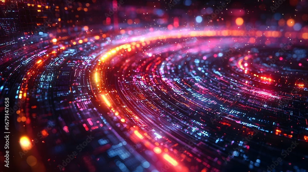 Poster dynamic digital data flow in a vibrant glowing circular network symbolizing global connectivity and 