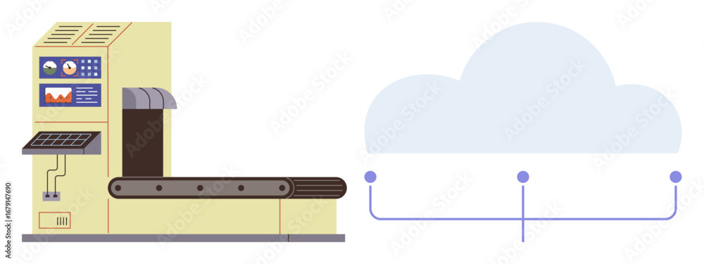 Poster automated machine with conveyor belt linked to digital cloud via network nodes. ideal for technology