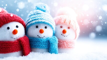 Snowmen wearing colorful winter hats and scarves in a snowy landscape