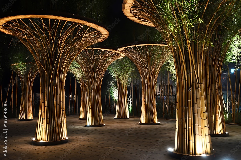 Poster living architectural columns composed of genetically modified bamboo intertwined with soft lights