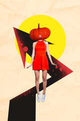 Exclusive image art pop trend collage of anonym girl instead head pumpkin mouth smile arrow halloween decoration masquerade