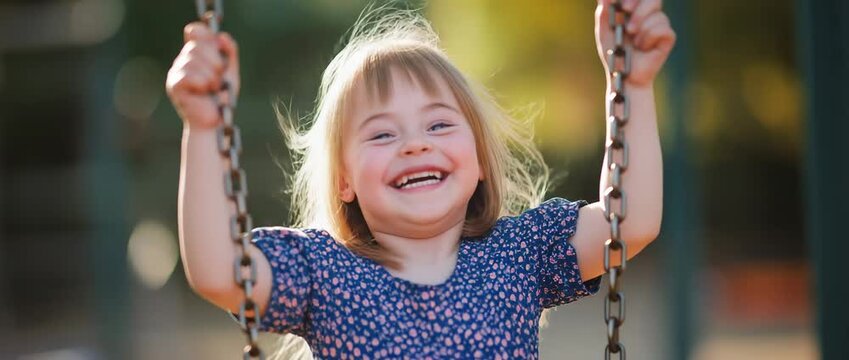A happy youngster with Down syndrome is having fun swinging on the playground. 