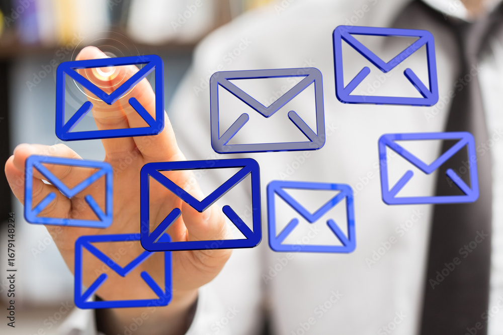 Poster image of a person efficiently managing multiple emails, selecting a message from a digital inbox.