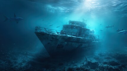 Abandoned Boat, Dangerous Sharks Circling Below Underwater Wreckage Scene, Ideal for HighImpact Campaigns and Suspenseful Film Projects.