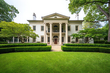 Naklejka premium Grand neoclassical mansion with manicured gardens and lush green lawn