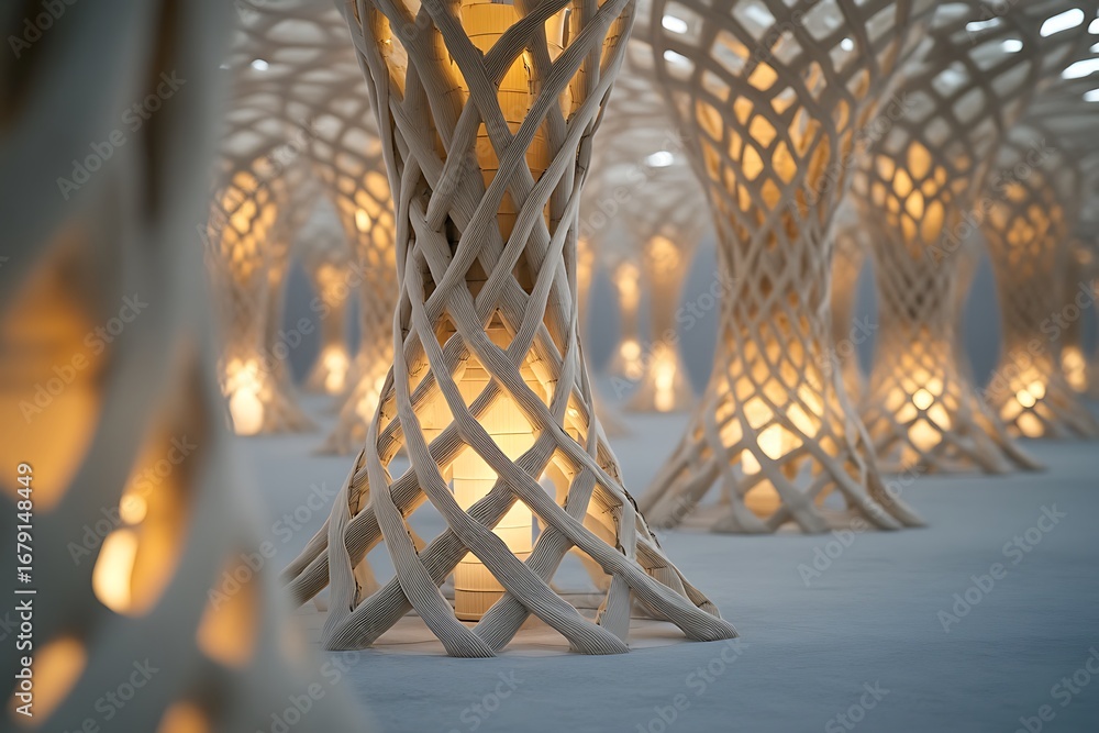 Poster living architectural columns composed of genetically modified bamboo intertwined with soft lights