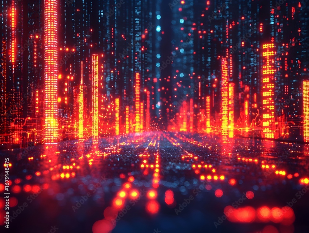 Poster futuristic digital cityscape representing data flow and network connections with glowing red and blu