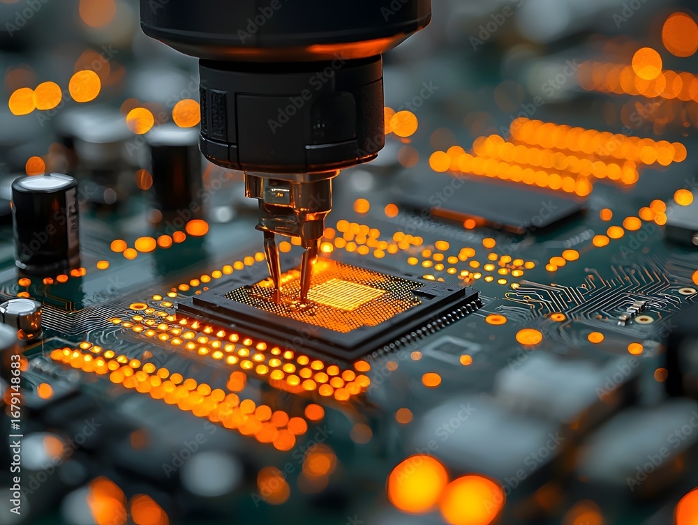 Poster precision robotic arm working on an illuminated microchip on a circuit board symbolizing advanced te