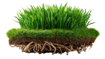 Vibrant Green Grass with Roots: A striking close-up of a patch of lush, vivid green grass, showcasing its intricate root system and rich, fertile soil.
