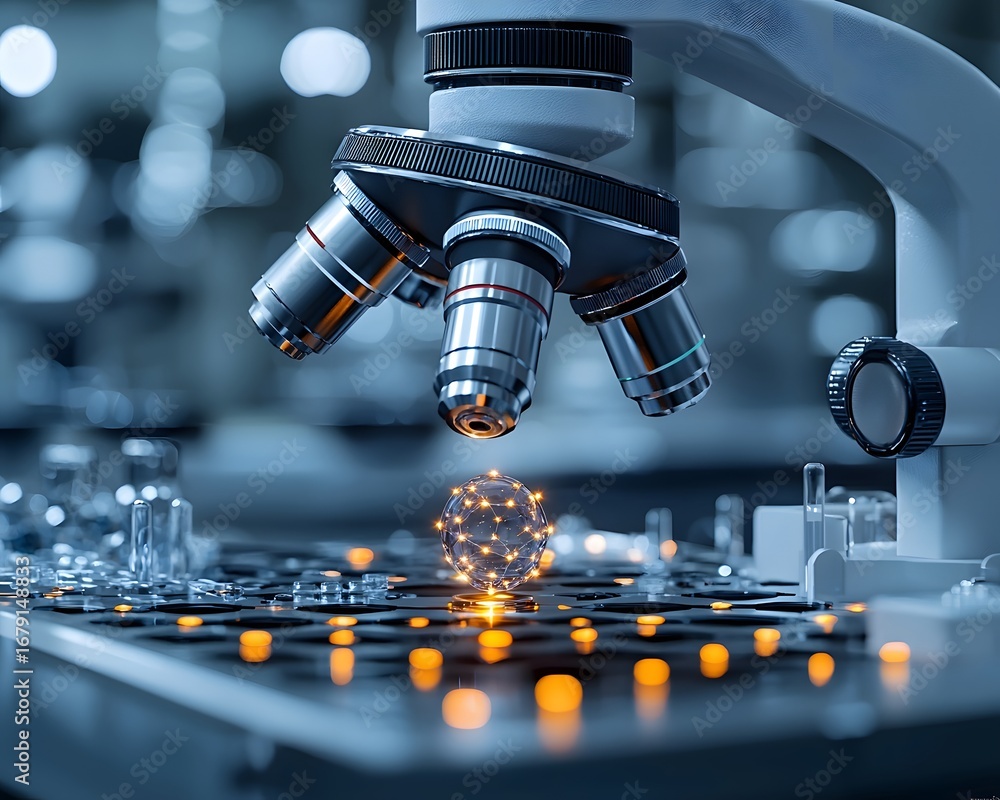 Poster high tech microscope analyzing a glowing molecular structure in a modern laboratory setting symboliz