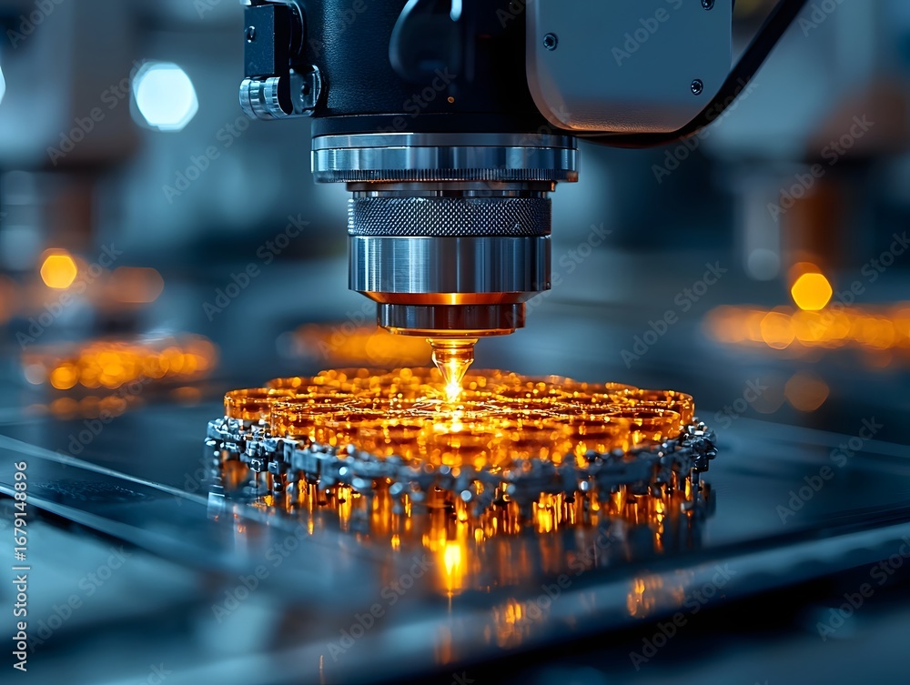 Poster precise laser technology at work illuminating intricate metallic components with an intense orange g