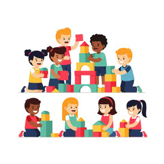 Kids Playing with Building Blocks A Colorful Illustration of Preschool Fun