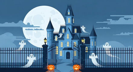 Halloween haunted house with ghosts, pumpkins, and a full moon.