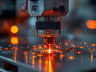 Close up of an advanced industrial laser cutting hine meticulously processing a metal component emitting a bright orange glow and sparks showcasing