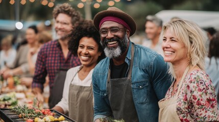 Naklejka premium Celebrating community during outdoor cooking event with friends and laughter