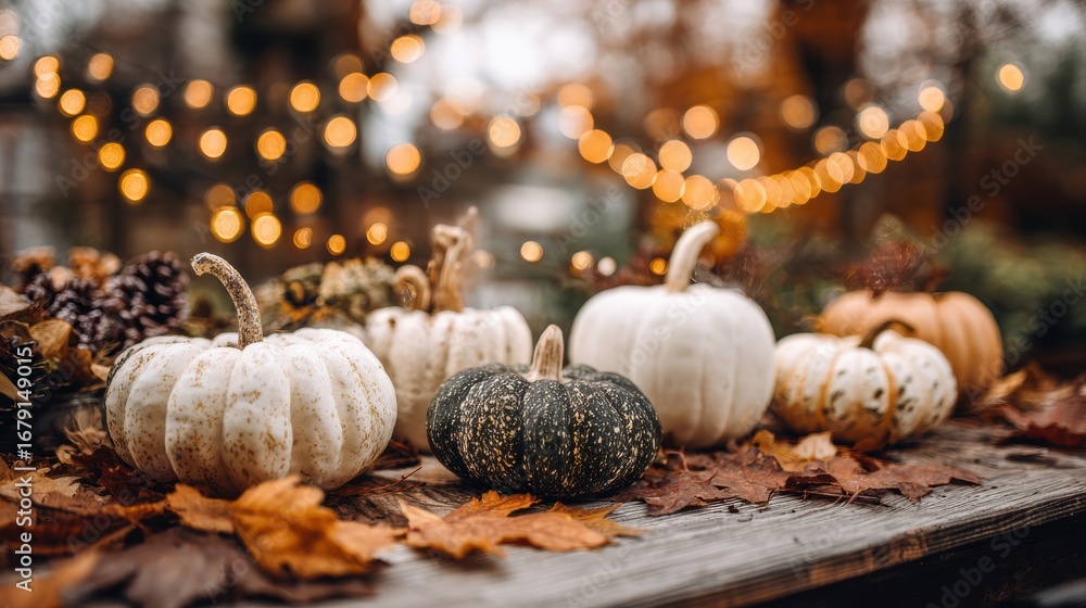 Poster autumn display of pumpkins and fall leaves with bokeh lights in the background