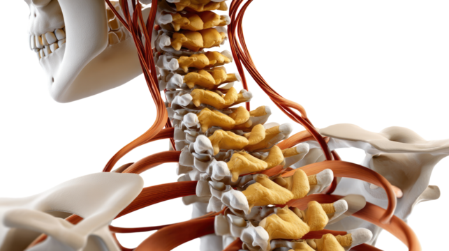 Human Vertebrae Anatomical Structure: An intricate and precise representation of the human cervical spine, displaying the delicate balance of skeletal and neurological systems.