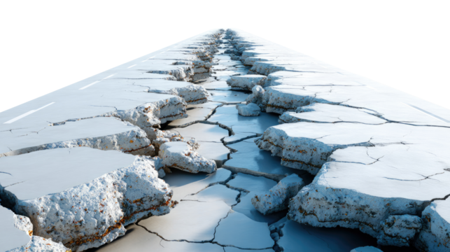 Cracked Road and Path: A visual metaphor, a cracked and damaged pathway representing a journey or challenge ahead, conveys resilience, fragility, and the passage of time. 