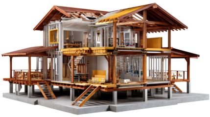 Architectural Showcase: A cross-section of a detailed home showcases intricate structural elements and interior design choices