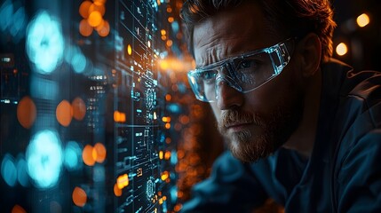 Focused man in protective glasses meticulously examines a complex glowing digital interface immersed in a high tech environment