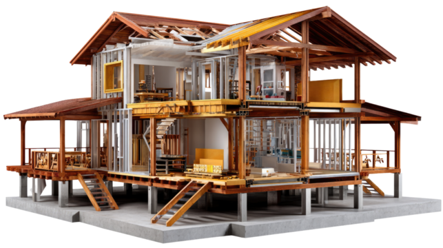 Architectural Showcase: A cross-section of a detailed home showcases intricate structural elements and interior design choices