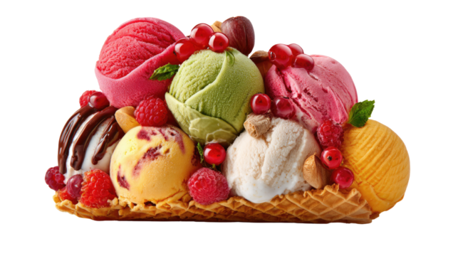 Colorful Ice Cream Delight: A photorealistic macro shot of an intricate ice cream creation, with vibrant scoops of various flavors, enhanced by fresh berries, nuts, and sauces.