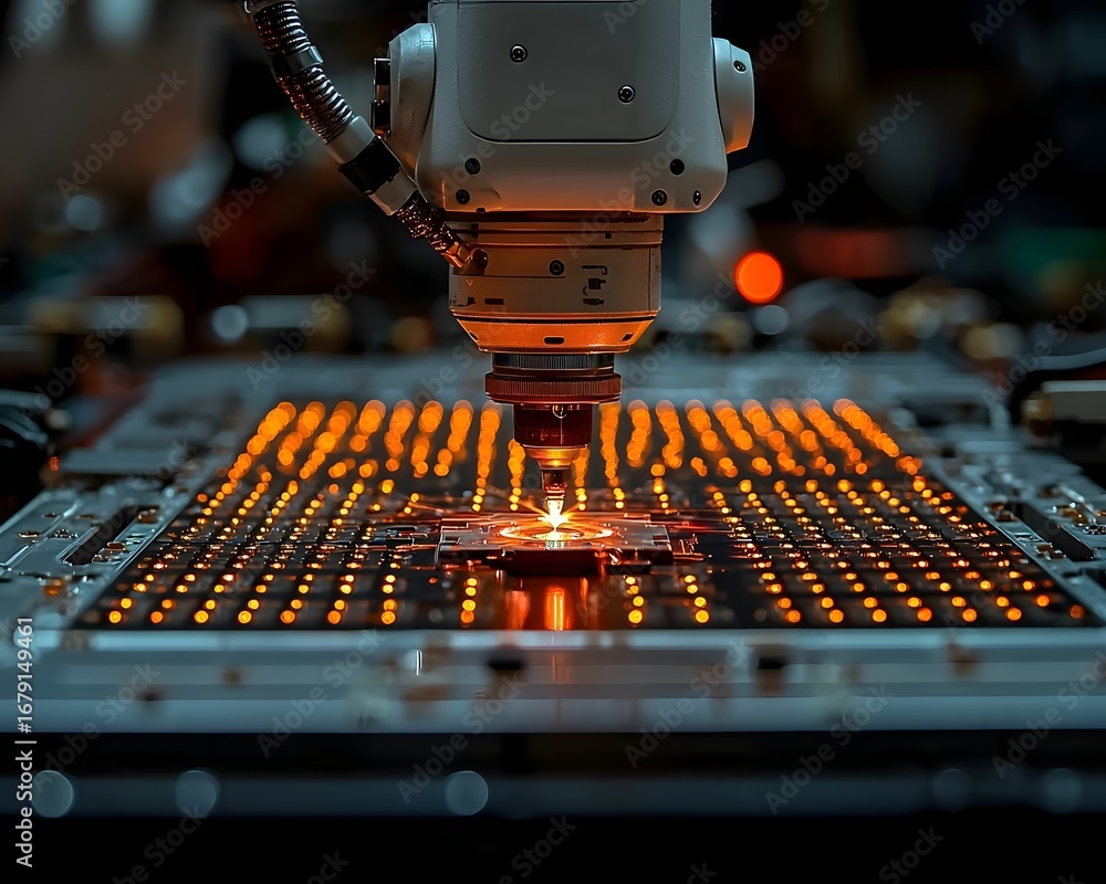 Poster robotic arm precisely working on an illuminated circuit board symbolizing advanced technology and au