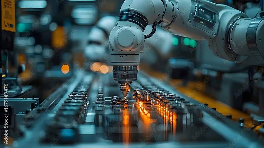 Poster advanced robotic arm precisely assembling intricate components on a high tech manufacturing producti