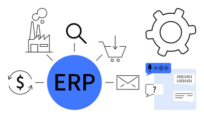 ERP hub links industry, magnifying glass, shopping cart, gear, email, speech bubbles, binary code, dollar with arrows. Ideal for business operations data communication workflow integration