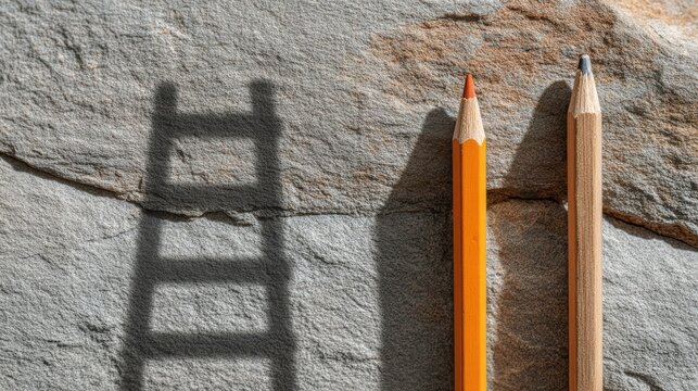 Two Pencils Balanced on a Rock, Creating a Shadowy LadderLike Form Near the Edb Ef Ee B Bceac, Inspiring Creative Ideas for Social Media Campaigns or Business Presentations.