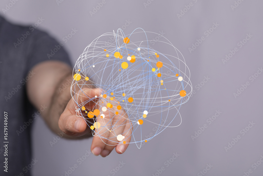 Aufkleber hand interacting with a digital sphere, illustrating global network connections and data visualizati