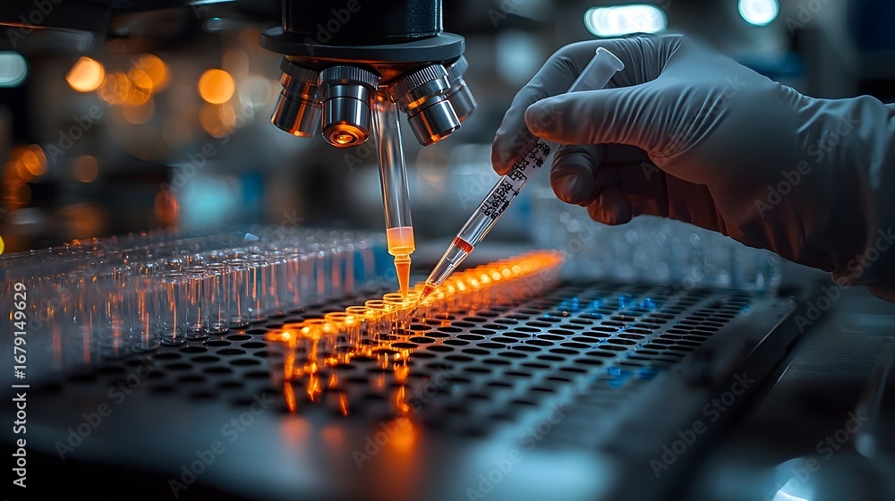 Poster Gloved hand meticulously transfers liquid samples using precision pipetting tools in a brightly lit high tech laboratory setting