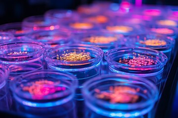 Neon-lit DNA splicing hubs filled with floating gene-editing sequences in semi-liquid plasma 
