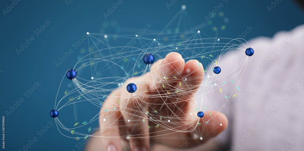 Poster hand interacting with a digital network, representing connection and technology.